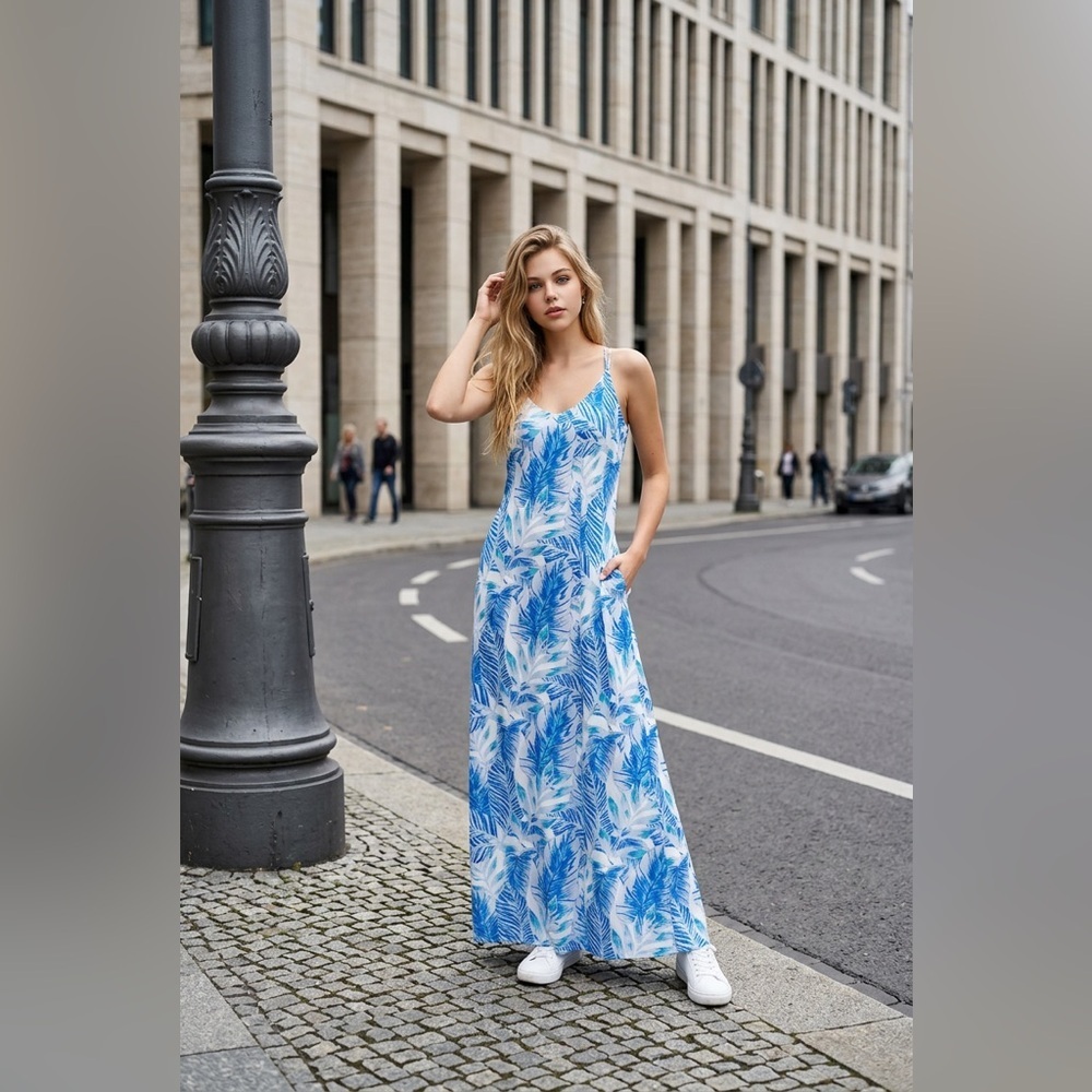 Tropical Blue and White Maxi Dress - Picture 1 of 10